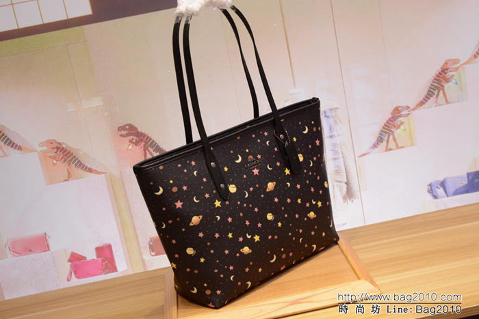 COACH蔻馳 F30058新款 拉鏈托特購物袋 單肩包 十字紋頭層牛皮 星空圖案  Chz1396